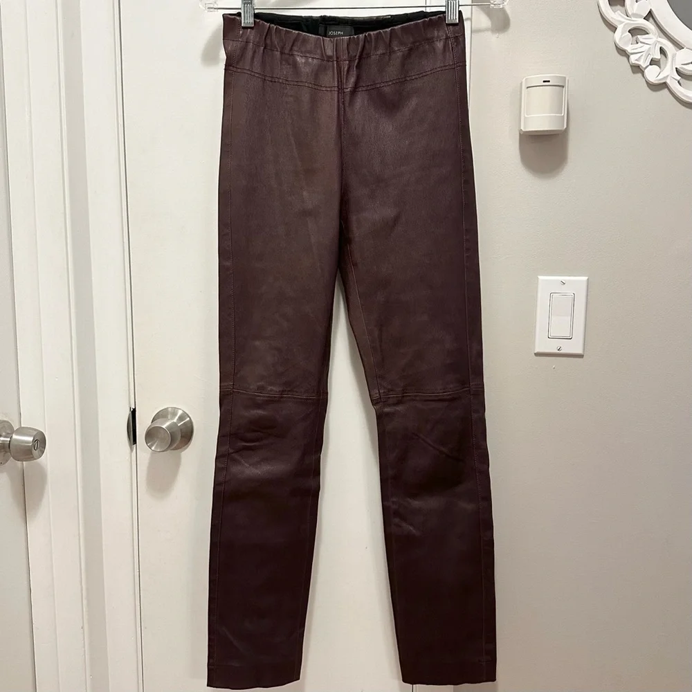 Joseph Burgundy Lambskin Leather Leggings w. Back Black Knit Panels S